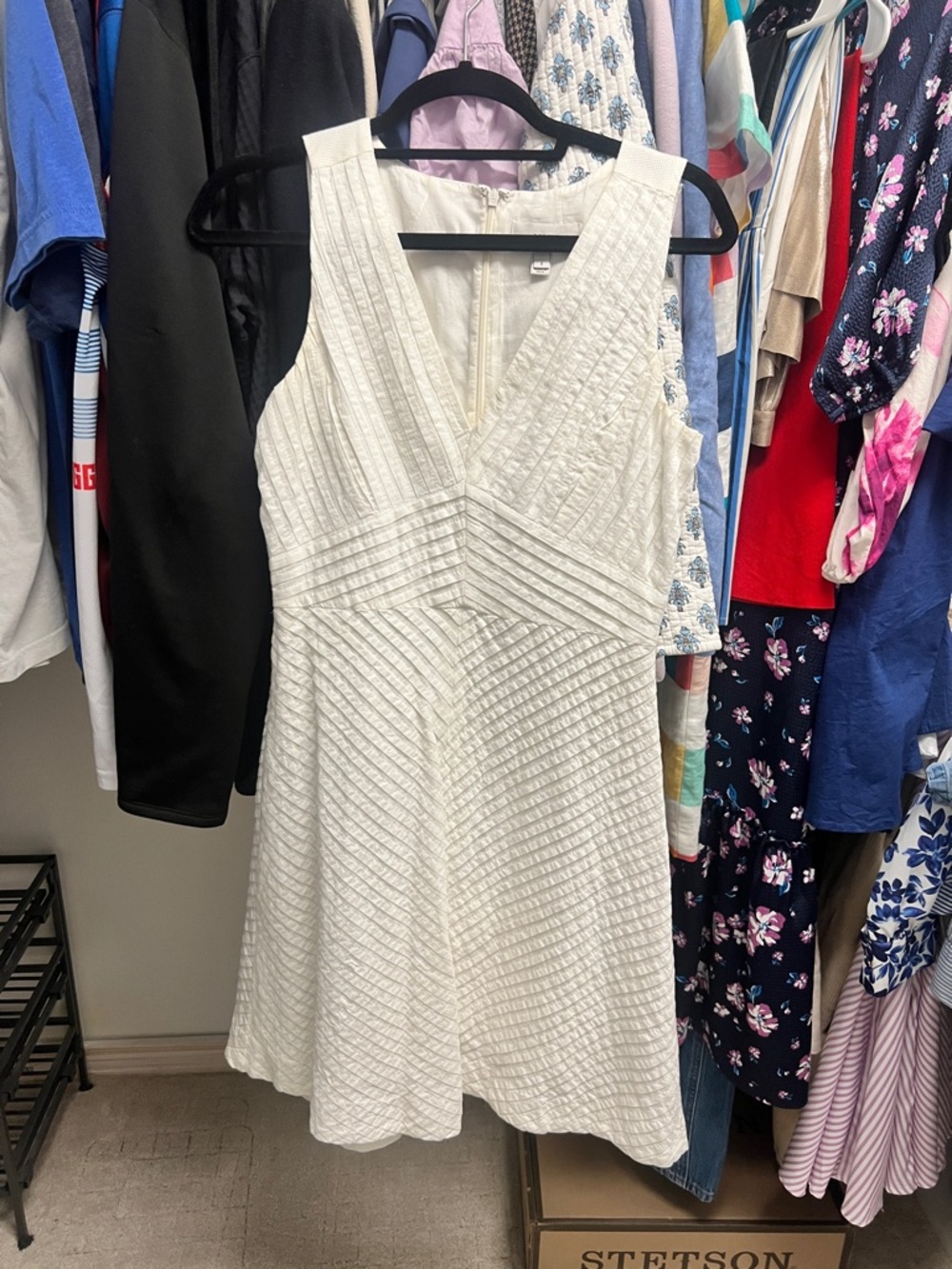 White Textured V-Neck Fit & Flare Knee Length Dress